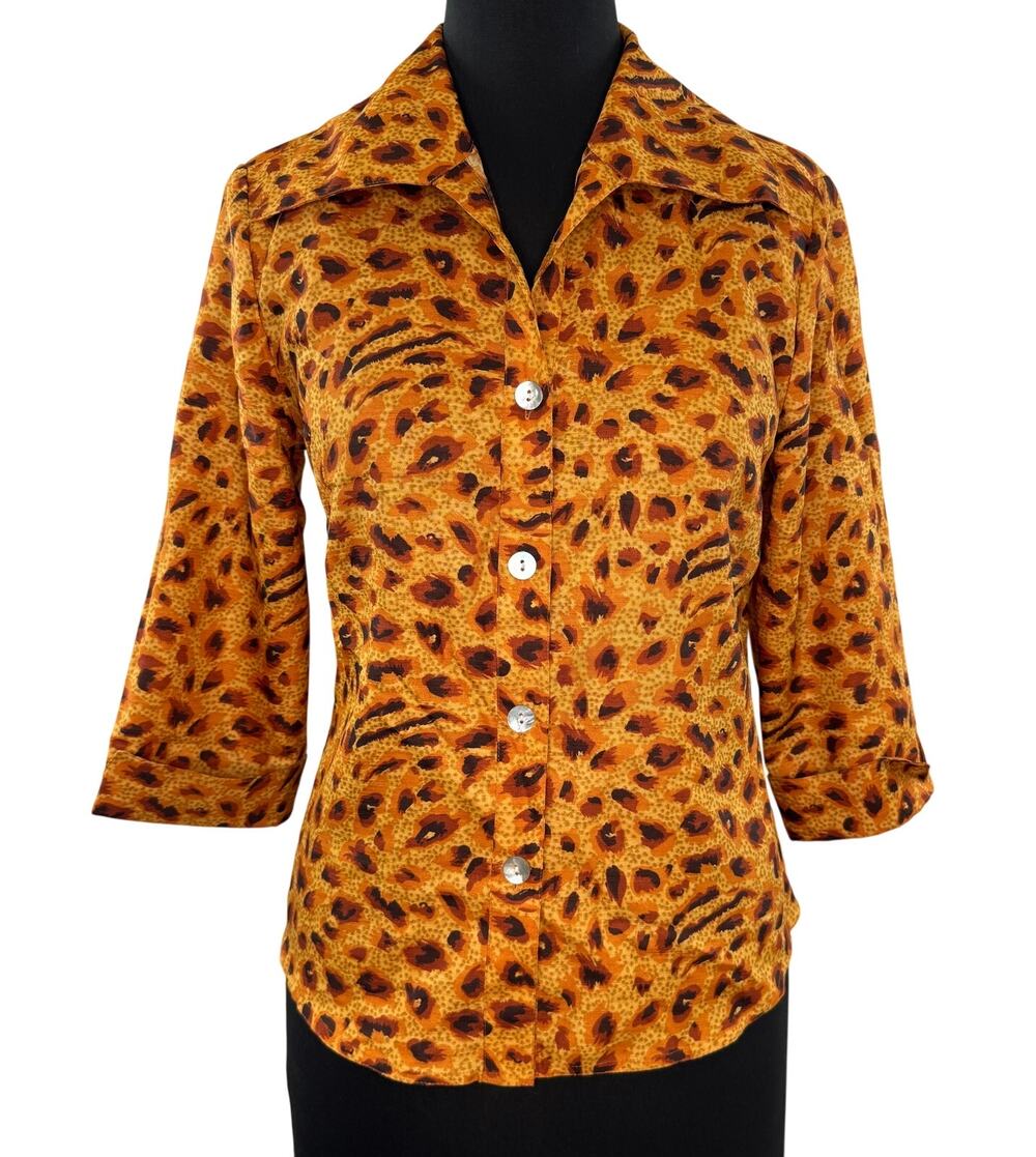 VTG Y2K 90s Selene Sport Orange Brown Blouse Leopard Collared Button-Up S Small